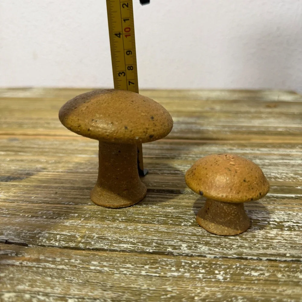 Vintage Fairycore Whimsical Stoneware Mushroom Figurines Set Brown Home Decor